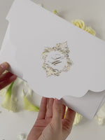 Luxury Gold Foil pocket fold suite Matching Evening Invitation with Gold Foil Monogram + Die Cut Custom Envelope