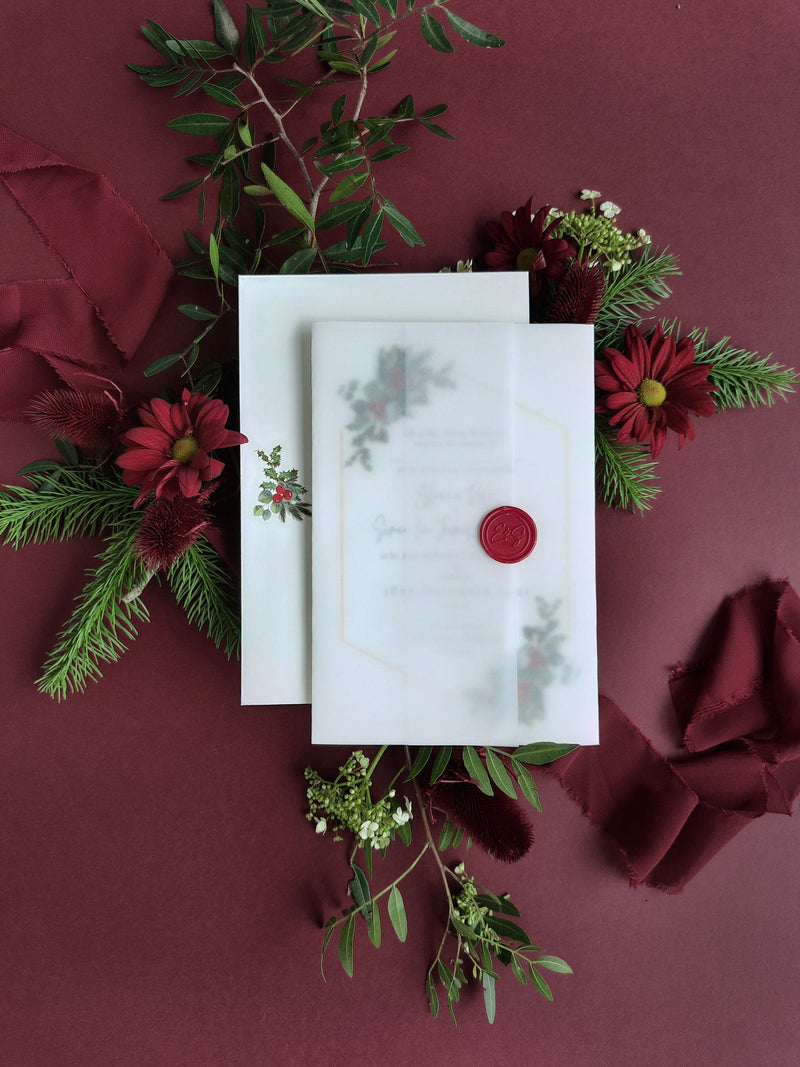 Mistletoe Kiss |  Christmas Wedding Invitations with Wax Seal Monogram Vellum Suite