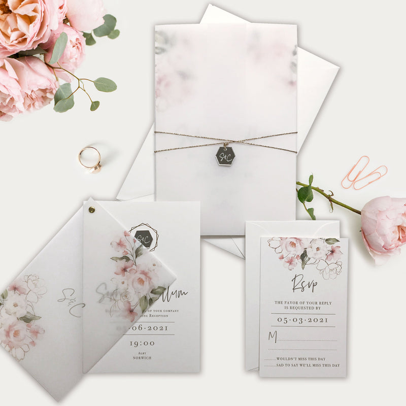 Customized Floral Vellum Paper, Wedding Invitation, Rose Gold Foil Print