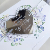 Lavender Purple Save the Date with Silver Mirror Geometric Heart Plexi Magnet