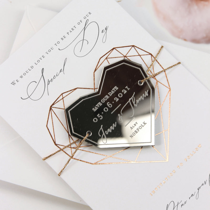 Geometric Heart Acrylic Mirror Magnet Engraved Save the Date Card with Real Foil