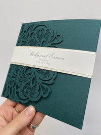 Luxury Old Gold Opulence Laser Cut Lace Pocketfold Wedding Invitation Suite with 3 Tier :  Guest Info & Travel & Rsvp Card