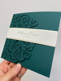 Luxury White & Gold Laser Cut Lace Pocketfold Wedding Invitation Suite with 3 Tier :  Guest Info & Travel & Rsvp Card