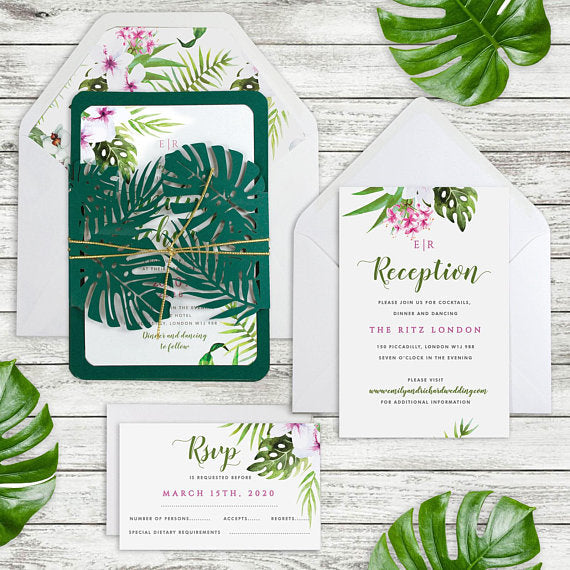 Tropical Hibiscus and Cheese Plant Evening invitation.