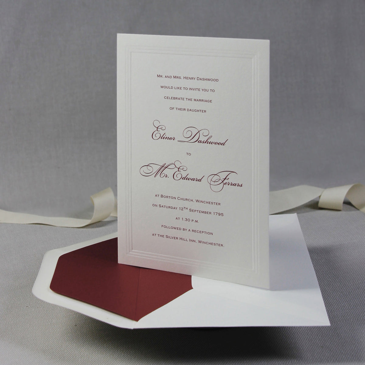 Elegant Triple Embossed Sunk Frame with Lined Envelopes and Classic Calligraphy Wedding Day Invitation