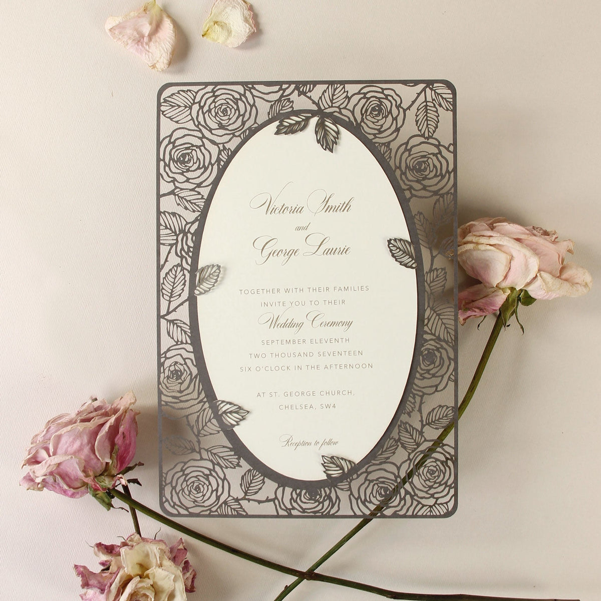 Champagne Romantic Roses Mirror Laser Cut Wedding Day Invitation