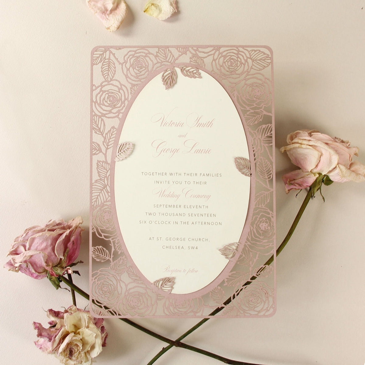 Champagne Romantic Roses Mirror Laser Cut Wedding Day Invitation