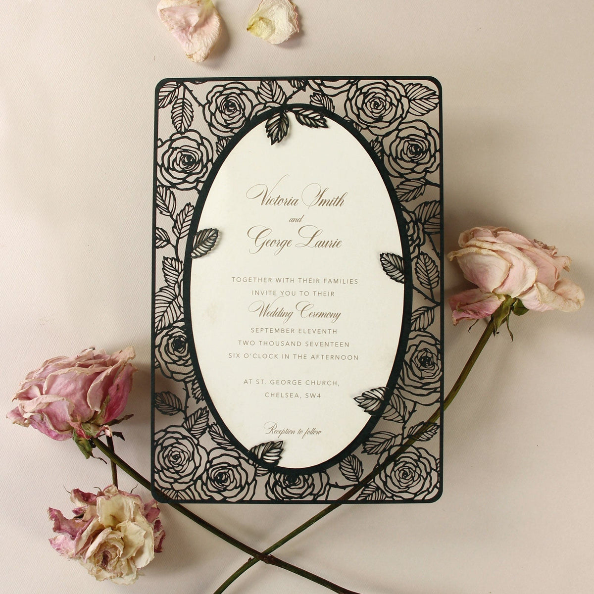 Champagne Romantic Roses Mirror Laser Cut Wedding Day Invitation