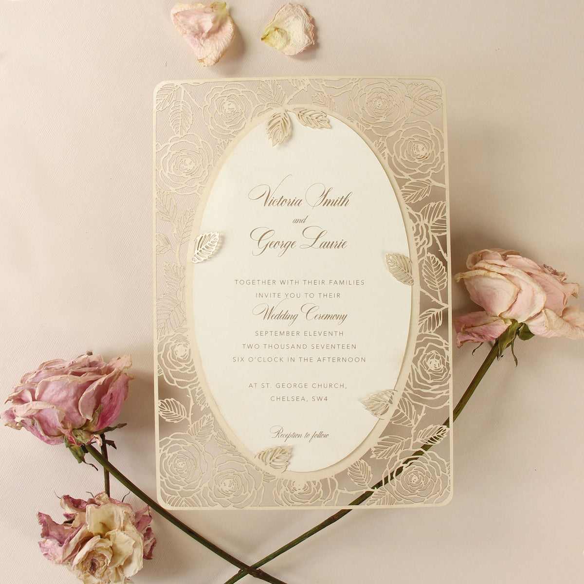 Champagne Romantic Roses Mirror Laser Cut Wedding Day Invitation