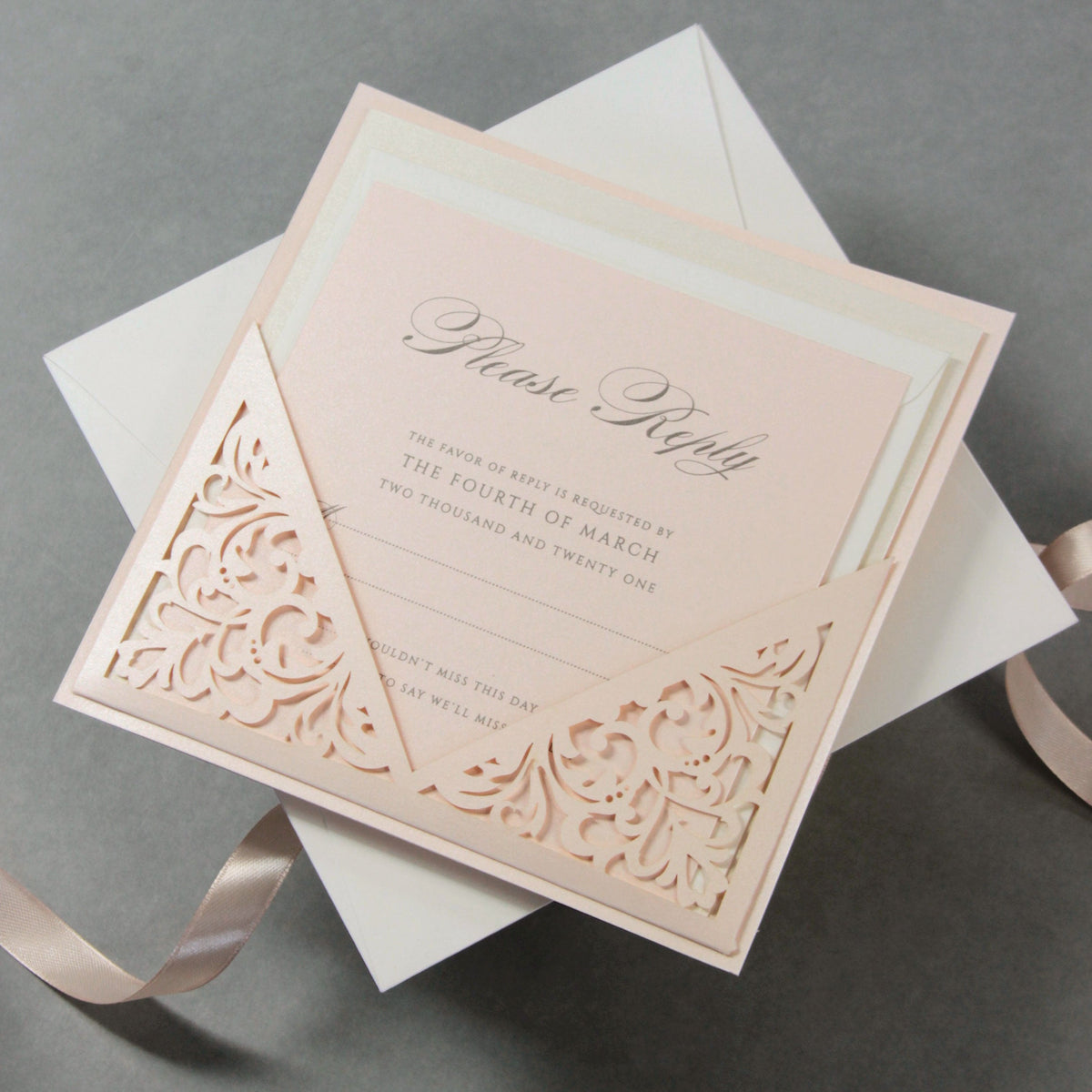 Soft Peach Laser Cut Lace Pocketfold Pull Out Style Evening Invitation + Rsvp Card