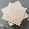 Soft Peach Laser Cut Lace Pocketfold Pull Out Style Evening Invitation + Rsvp Card