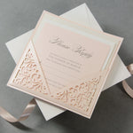 Soft Peach Laser Cut Lace Pocketfold Pull Out Style Evening Invitation + Rsvp Card