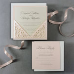 Soft Peach Laser Cut Lace Pocketfold Pull Out Style Evening Invitation + Rsvp Card