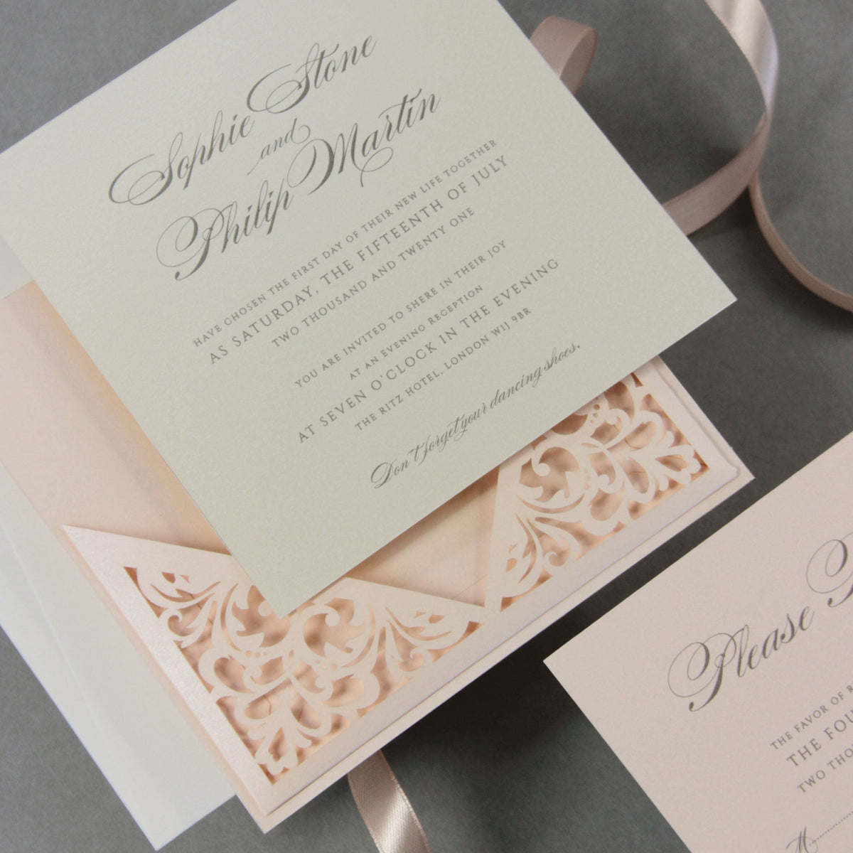 Soft Peach Laser Cut Lace Pocketfold Pull Out Style Evening Invitation + Rsvp Card