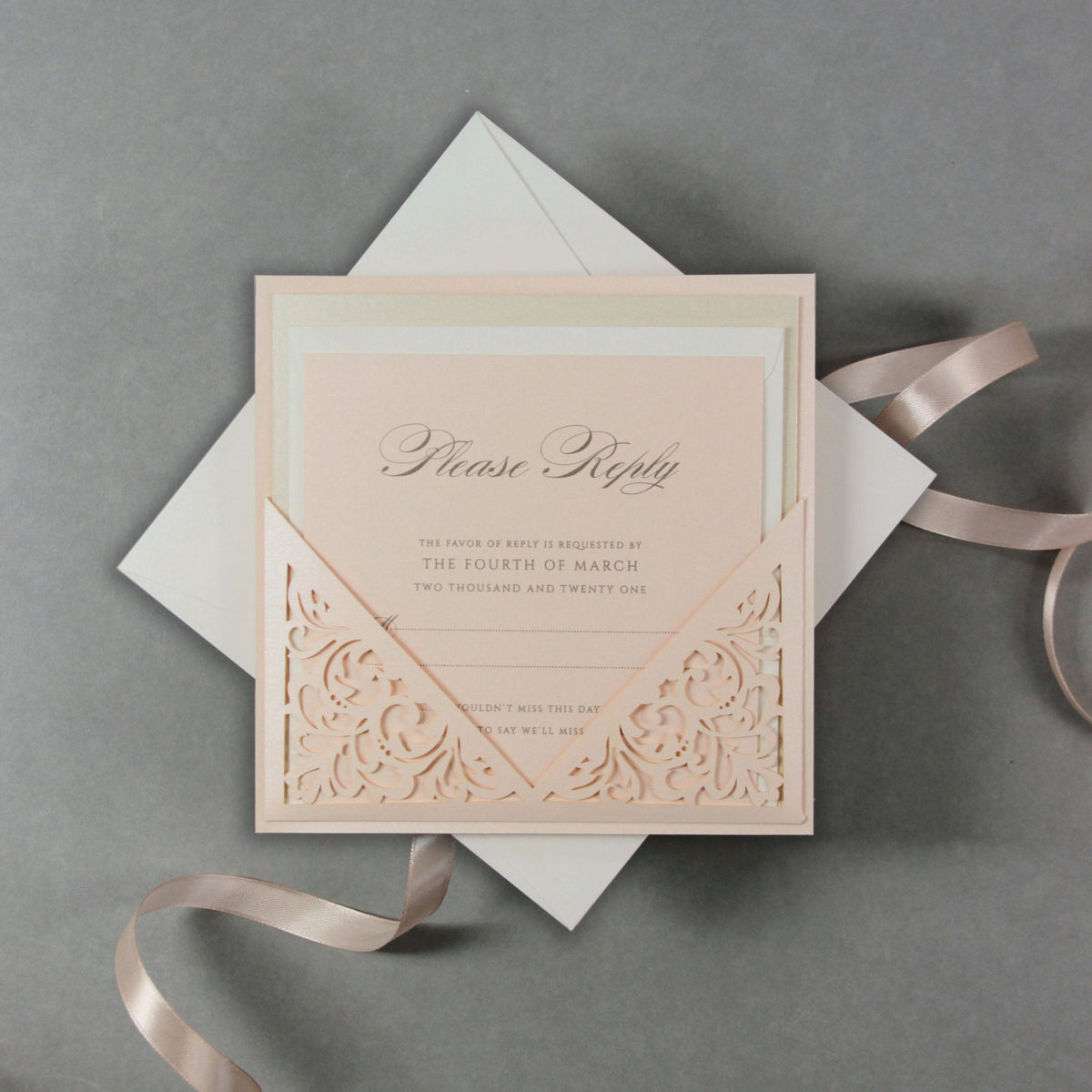 Soft Peach Laser Cut Lace Pocketfold Pull Out Style Evening Invitation + Rsvp Card