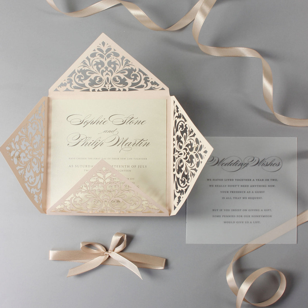 Soft Peach Laser Cut Lace Pocketfold Wedding Invitation with Satin Ribbon + Wedding Wish Set