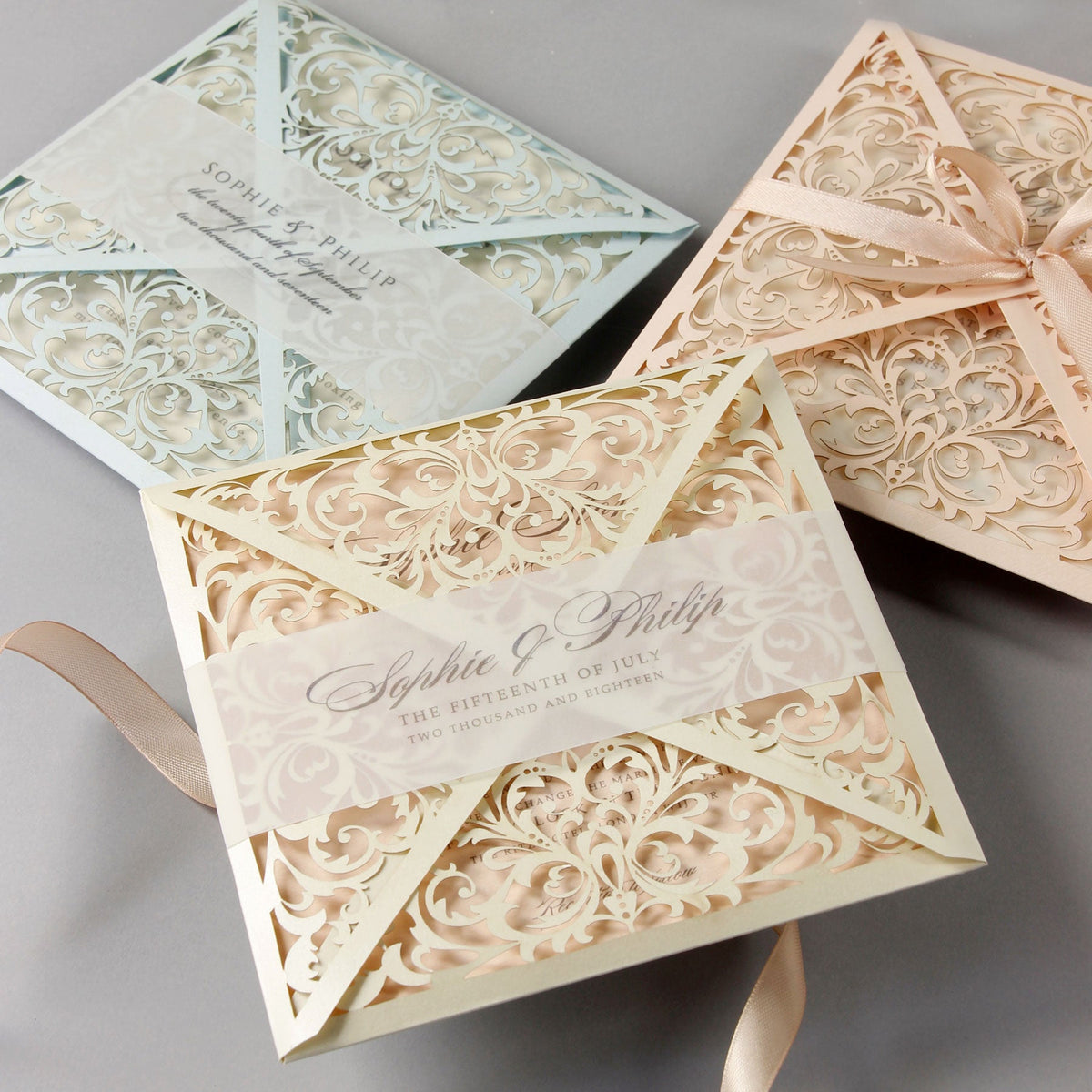 Soft Peach Laser Cut Lace Pocketfold Wedding Invitation with Satin Ribbon + Wedding Wish Set