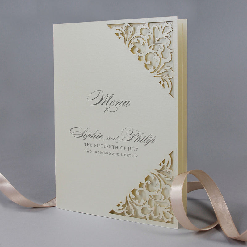 Classic Envelope Fold Confetti Pocket Suite in Dusty Pink and Champagne:  Menu