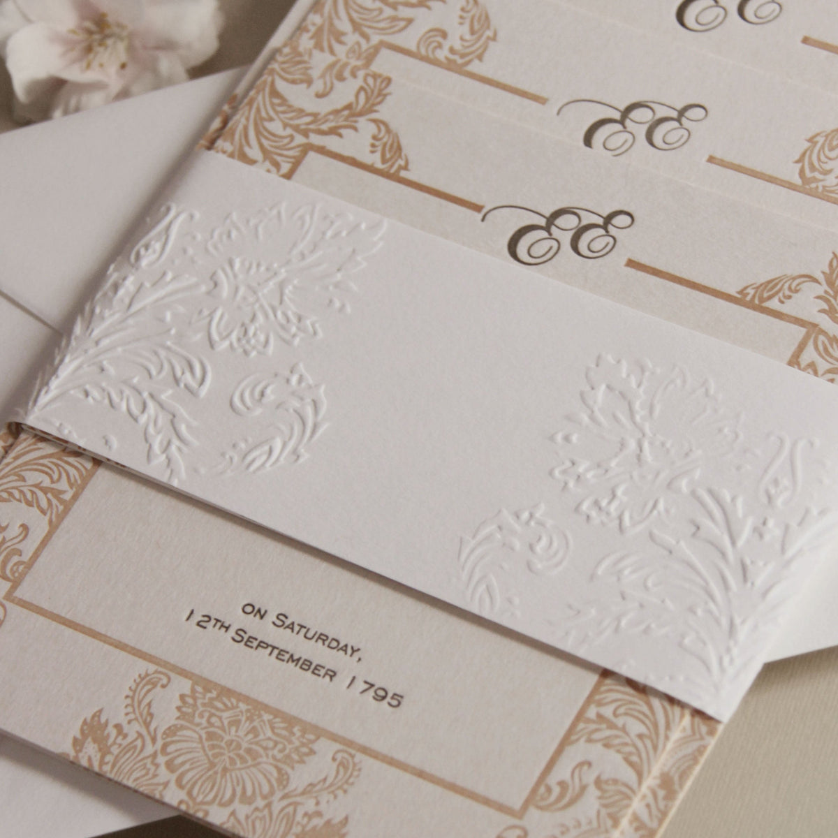 Luxury 800 gsm Embossed Damasque Day Wedding Invitation