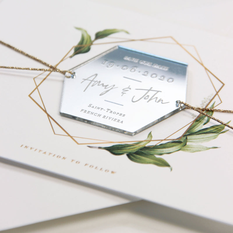 Acrylic Silver Mirror Save The Date Card with Floral Design & Real foil