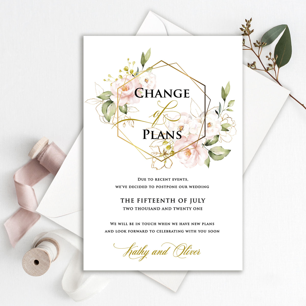 Cambio de planes geométrico floral - Tarjeta de aplazamiento de boda