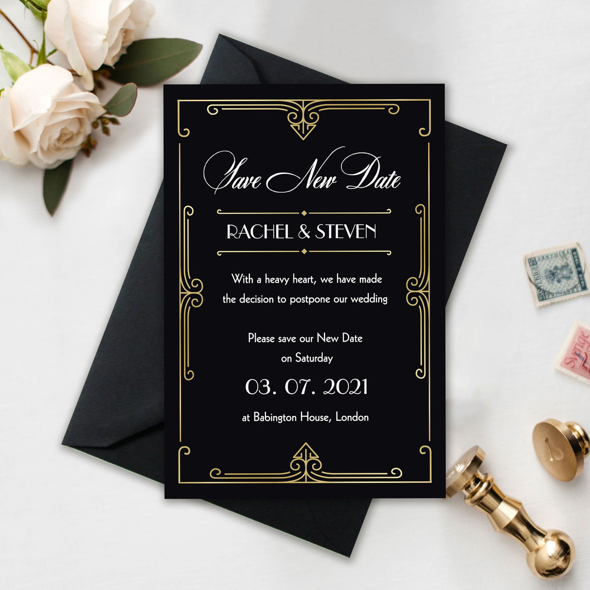 Gran Gatsby Art Deco Guardar nueva fecha - Tarjeta de posponer boda