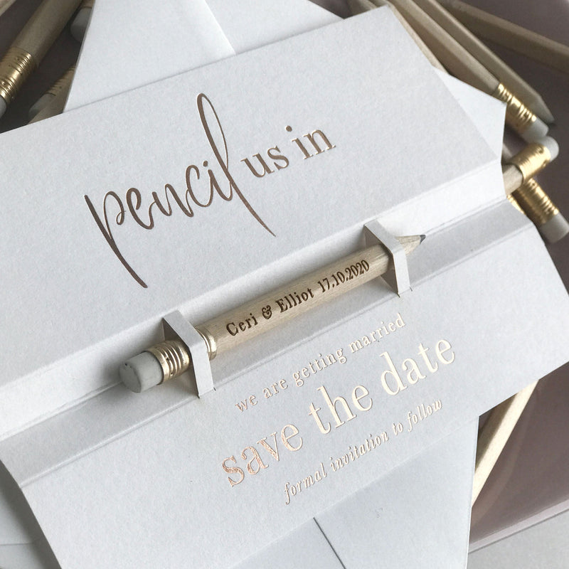 Pencil us in ✏ Save the Date Wedding Card in Dusty Pink with your names Engraved