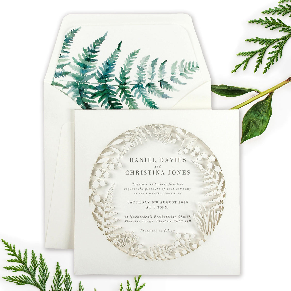 Fern Circle Intricate Foliage & Flowers Laser Cut Pocket Design with Watercolours.