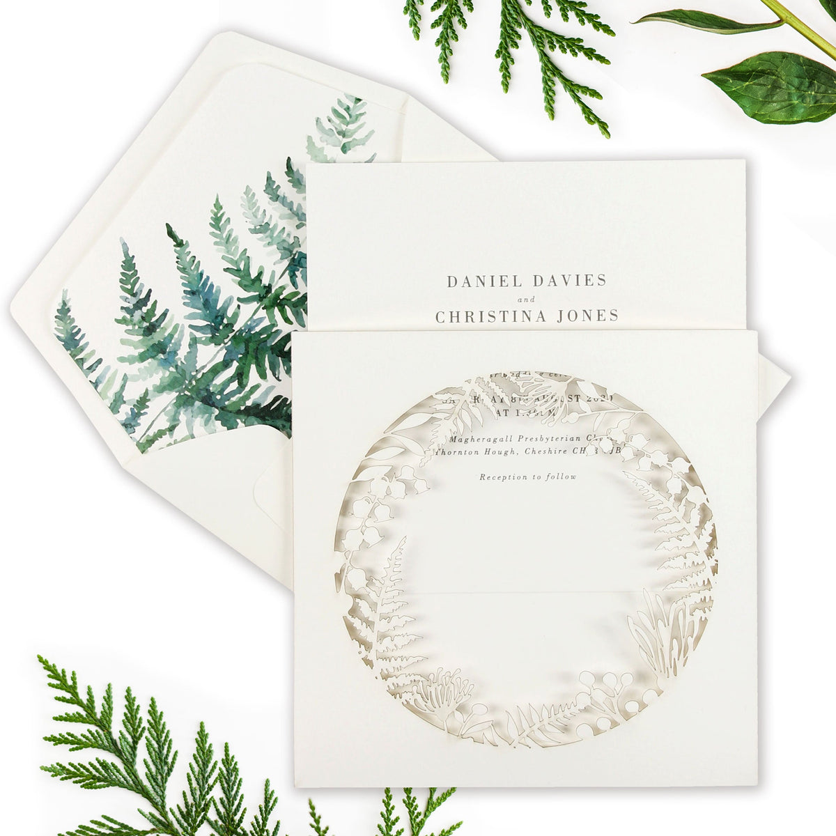 Fern Circle Intricate Foliage & Flowers Laser Cut Pocket Design with Watercolours.