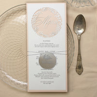 Soft Peach and natural Fern laser cut menu