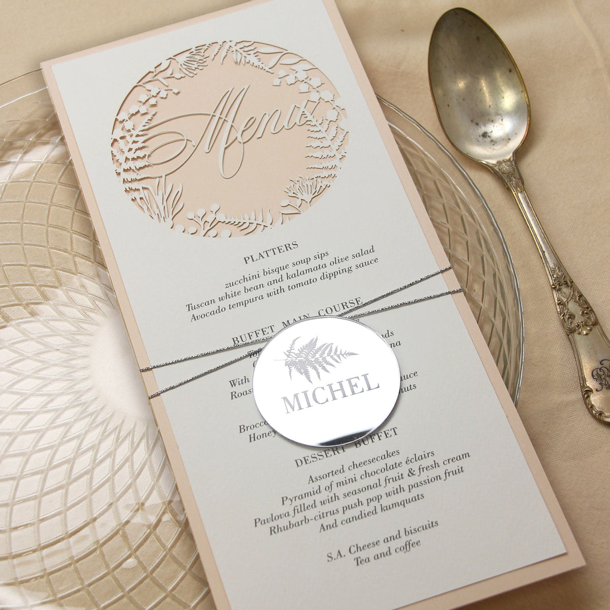 Soft Peach and natural Fern laser cut menu