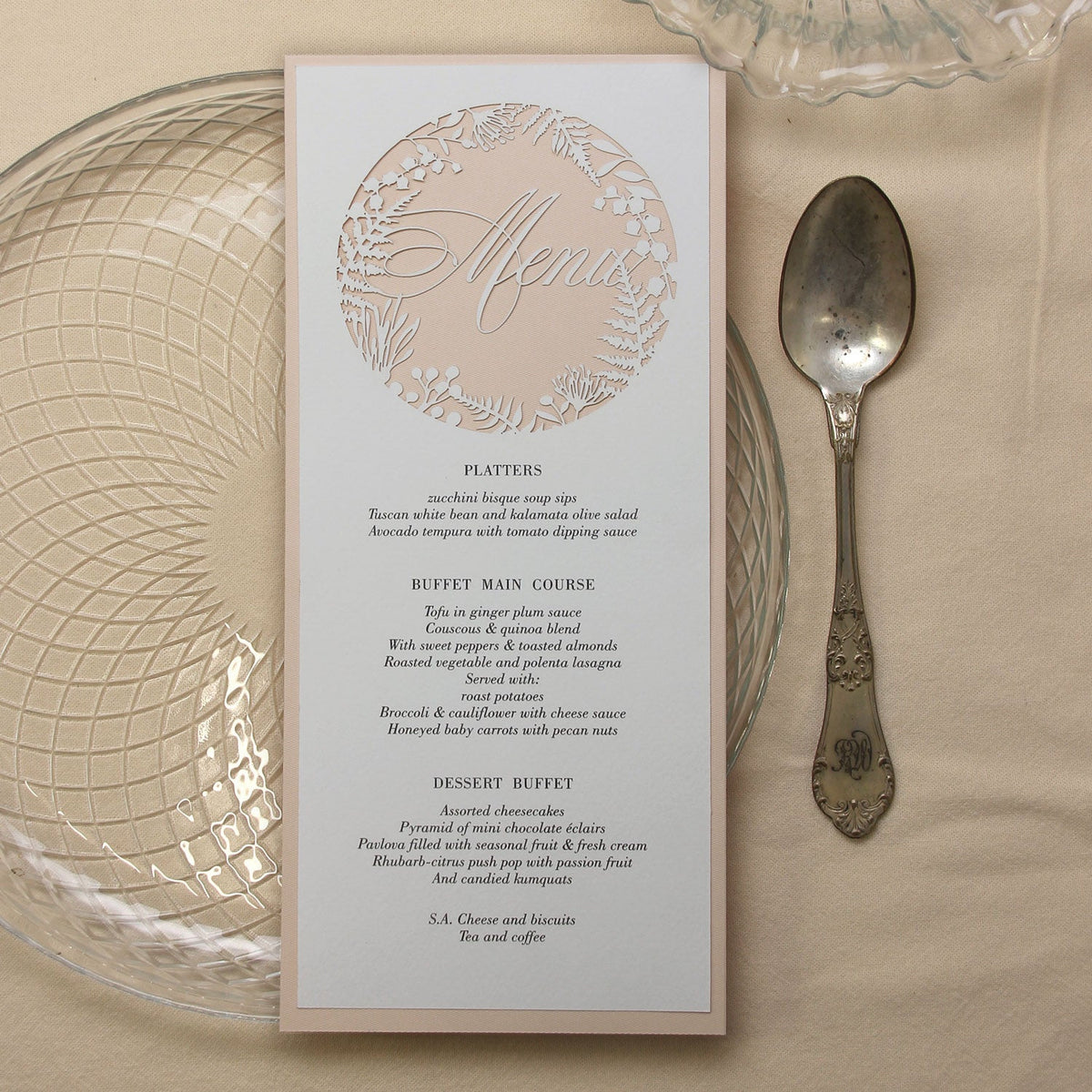 Soft Peach and natural Fern laser cut menu