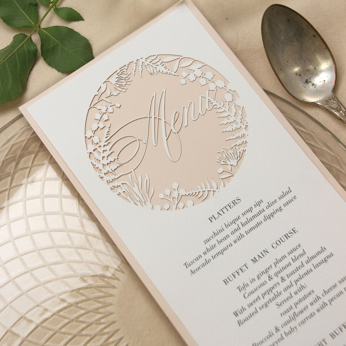 Soft Peach and natural Fern laser cut menu