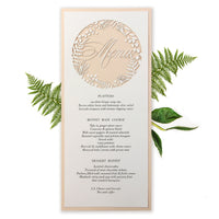 Soft Peach and natural Fern laser cut menu