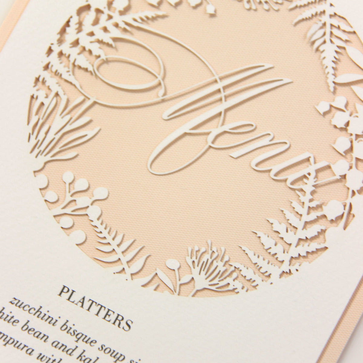 Soft Peach and natural Fern laser cut menu