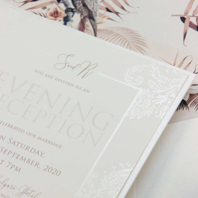 Nude and Pearl Foil Damask Boho Evening Invitation with Birds of Paradise
