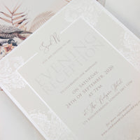 Nude and Pearl Foil Damask Boho Evening Invitation with Birds of Paradise