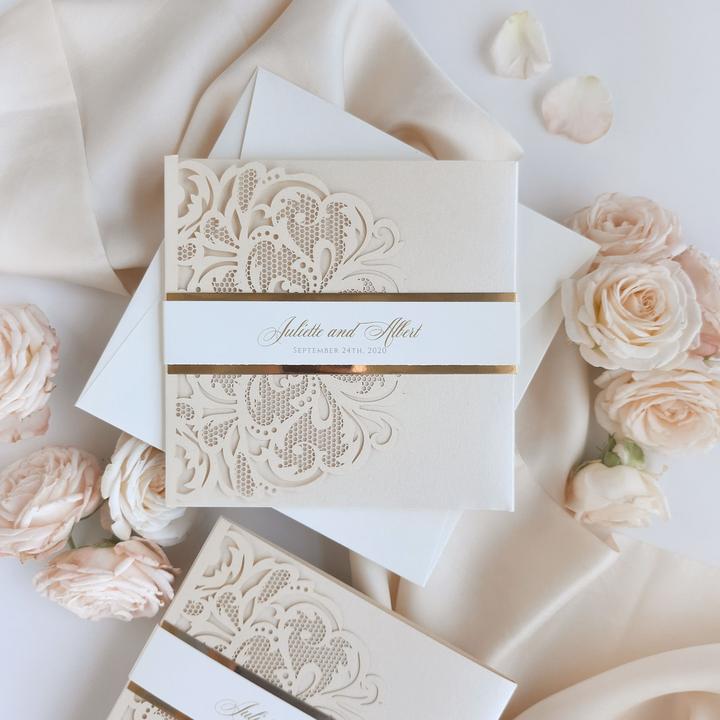 Luxury White Gold Laser Cut Lace Pocketfold Wedding Invitation