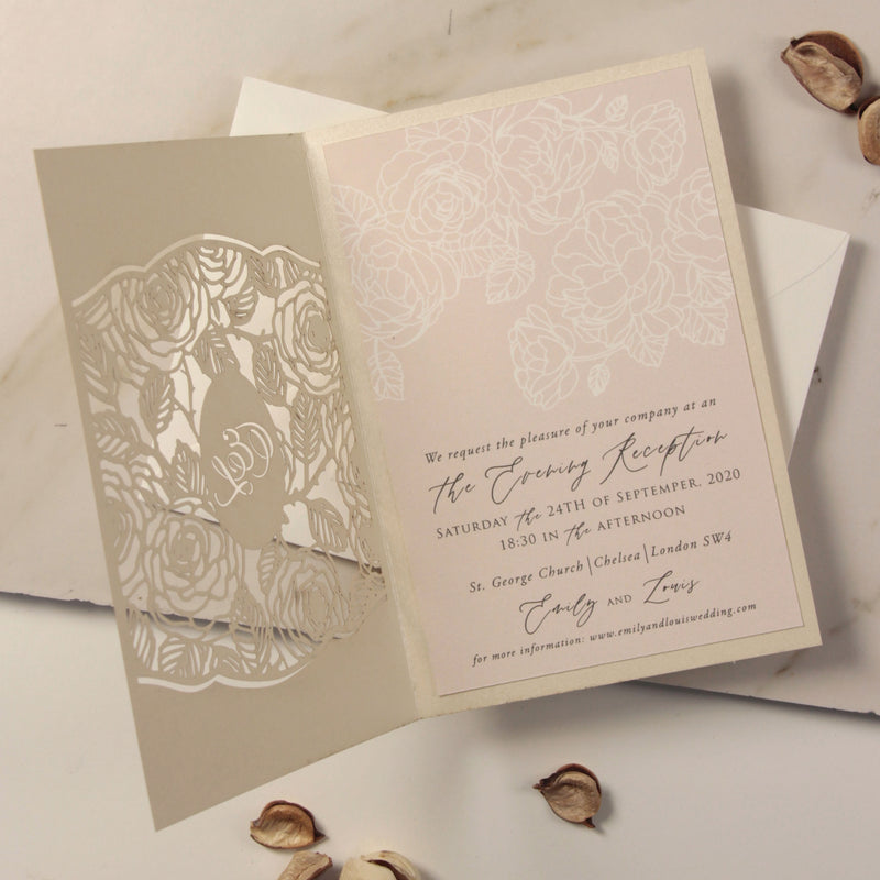 Monogram in Filigree Roses, Champagne With Dusty Rose Elegant Floral Calligraphy Evening Invitation