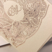 Monogram in Filigree Roses, Champagne With Dusty Rose Elegant Floral Calligraphy Evening Invitation