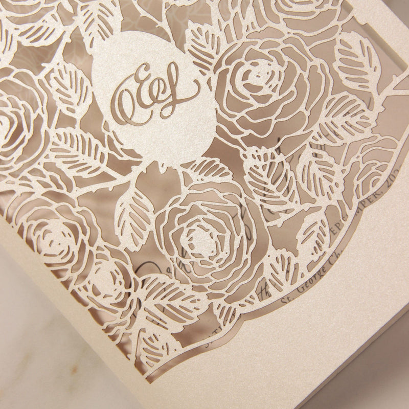 Monogram in Filigree Roses, Champagne With Dusty Rose and White Calligraphy Order of Service