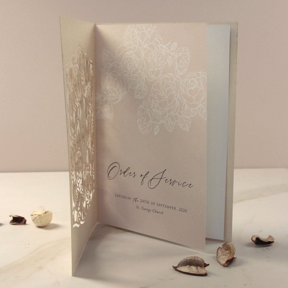 Monogram in Filigree Roses, Champagne With Dusty Rose and White Calligraphy Order of Service