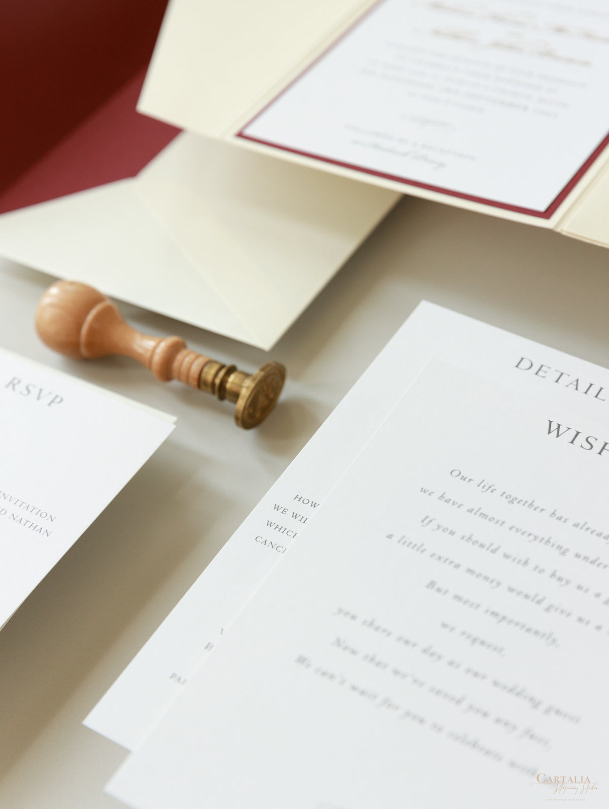 Venue : Hodsock Priory Wedding Invitation in Red & Gold  | Bespoke Commission M&N