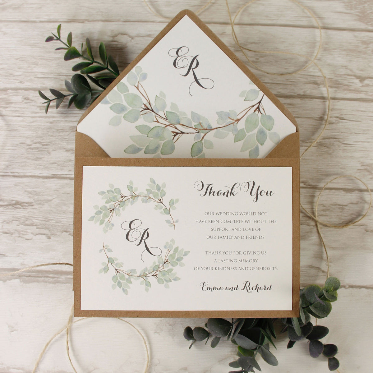 Green Eucalyptus Watercolour Leaf Rustic Wedding Thank you Cards