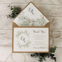 Green Eucalyptus Watercolour Leaf Rustic Wedding Thank you Cards