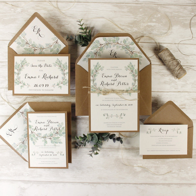 Green Eucalyptus Watercolour Leaf Rustic Wedding Thank you Cards