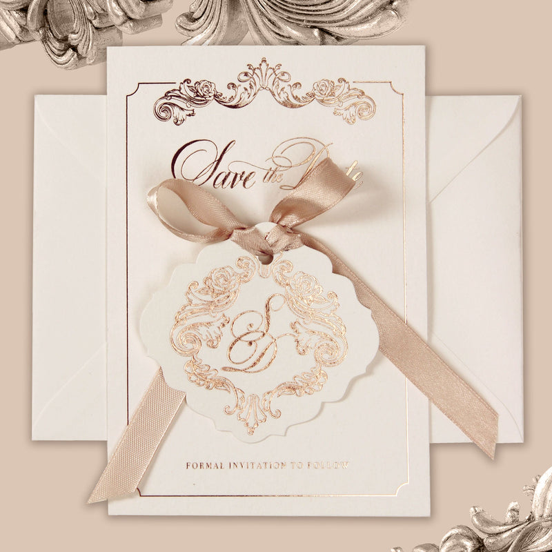Luxurious Foiled Card and Tag with Monogram and Satin ribbon Save the Date