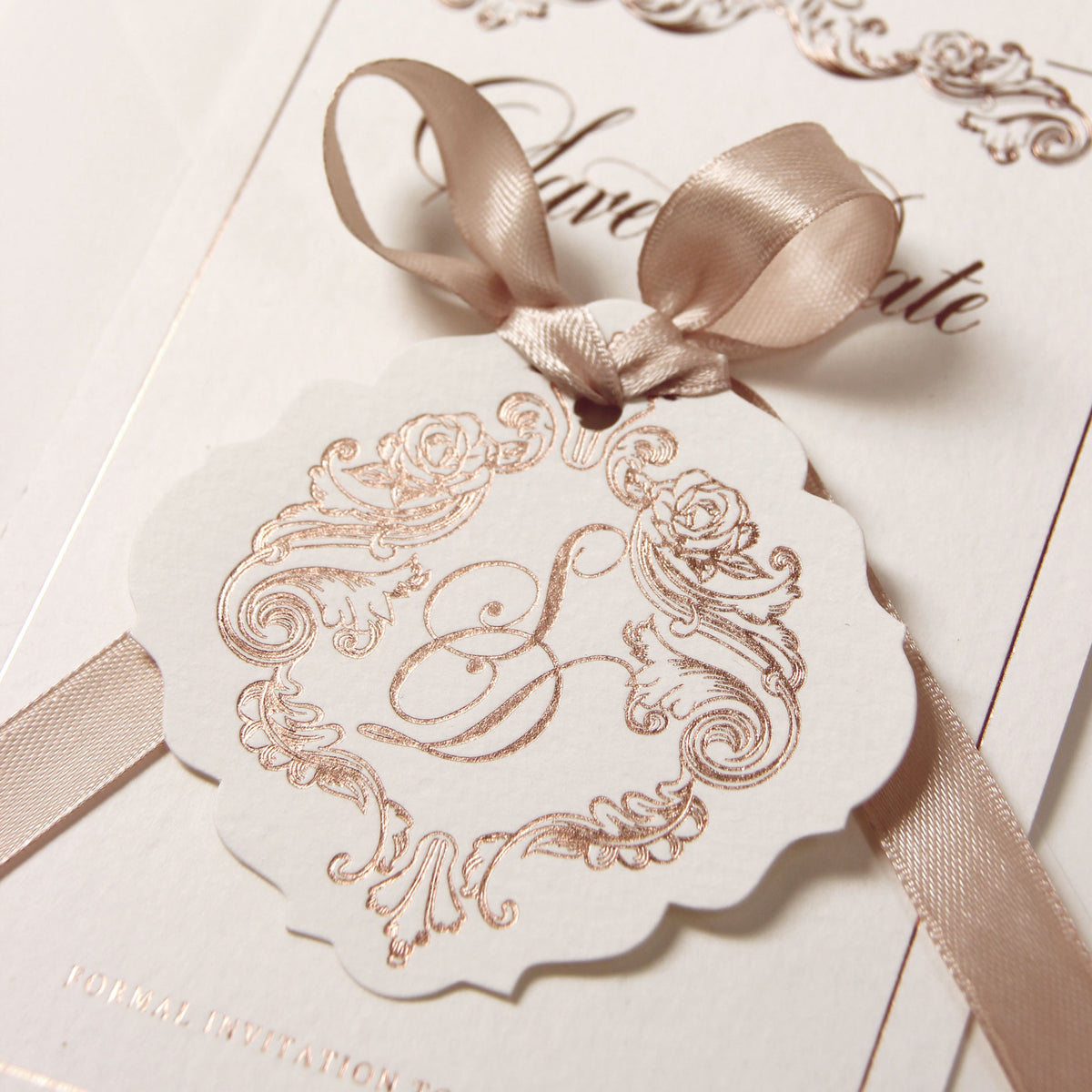 Luxurious Foiled Card and Tag with Monogram and Satin ribbon Save the Date