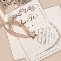 Luxurious Foiled Card and Tag with Monogram and Satin ribbon Save the Date