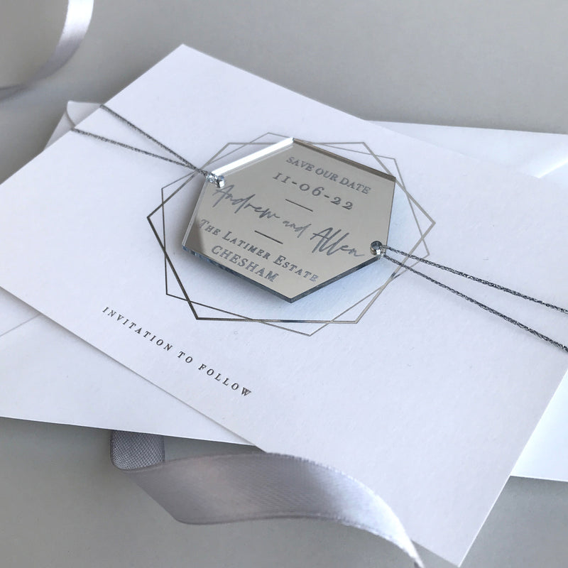 Silver Mirror Plexi in Hexagon Save the Date Magnet with card and Gold String